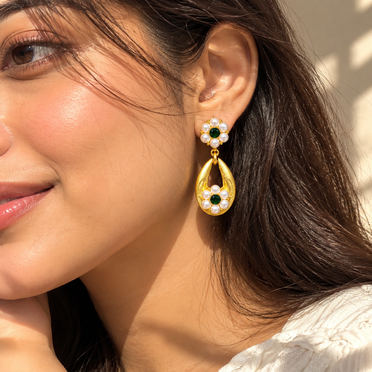 Emerald Pearl Floral Drop Earrings