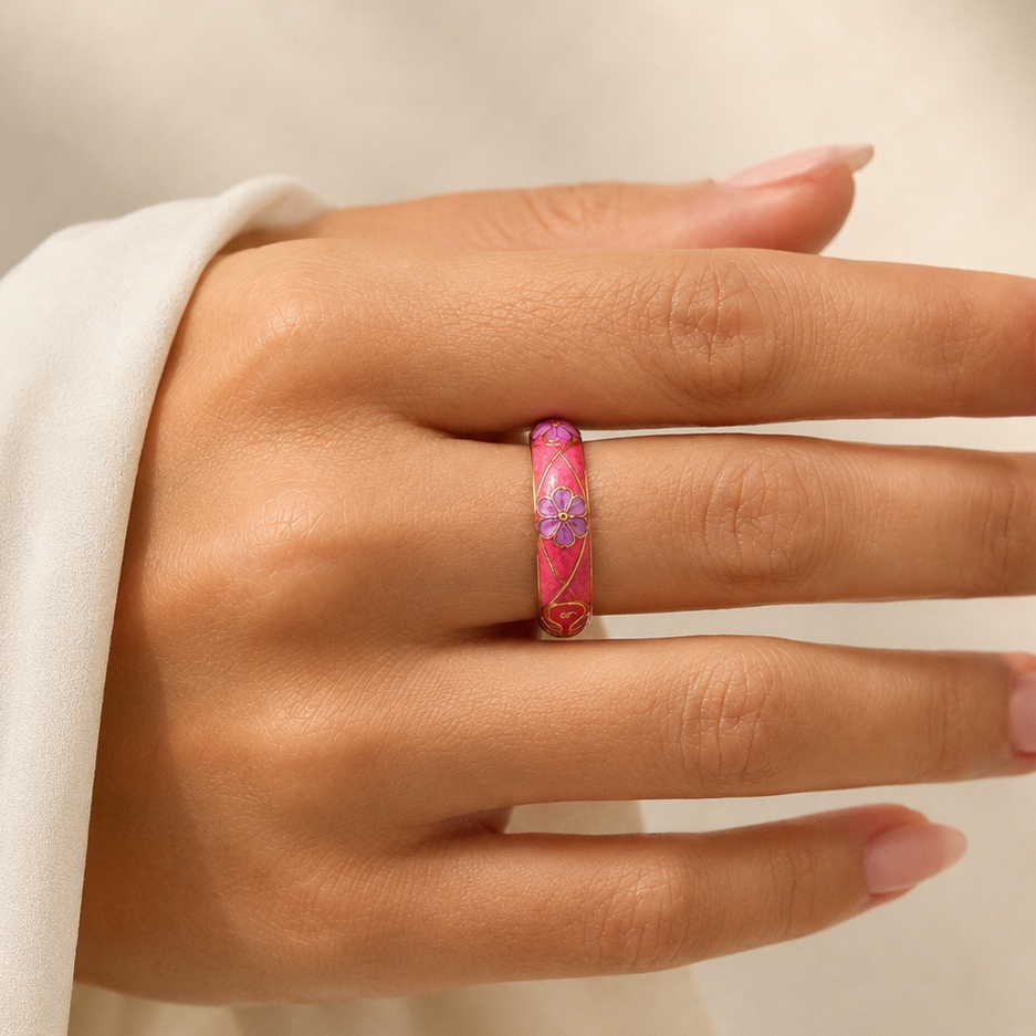 Pink Floral Enamel Ring