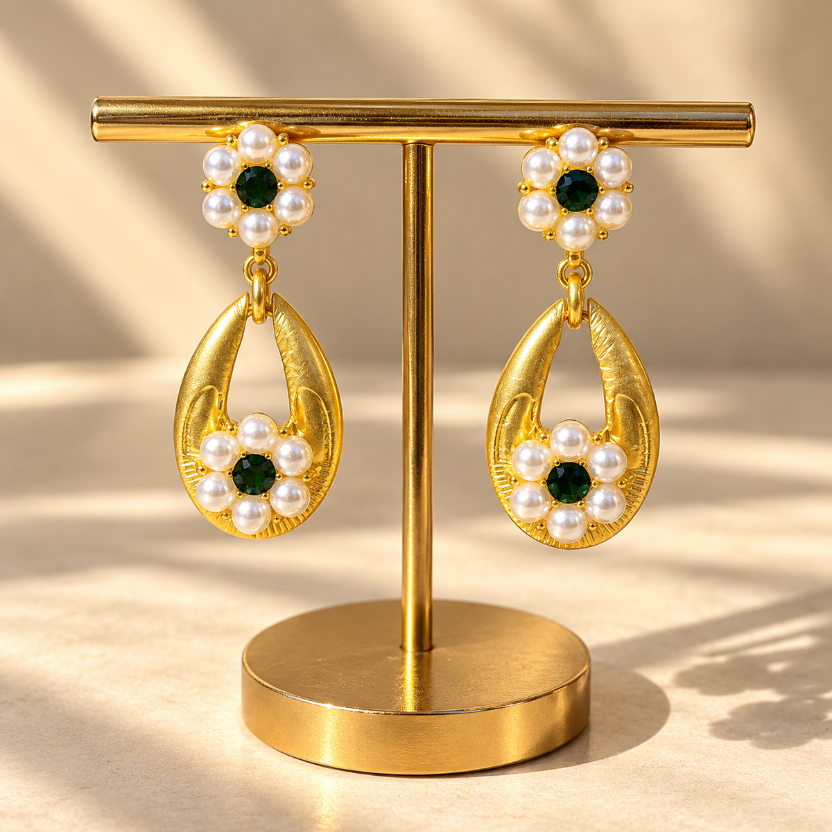 Emerald Pearl Floral Drop Earrings
