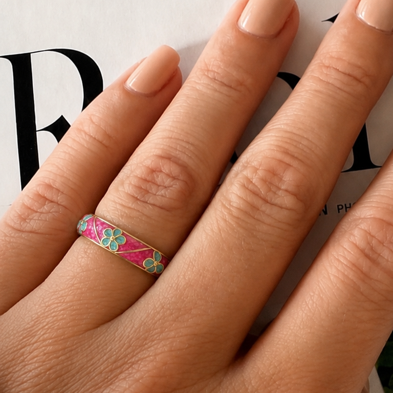 Pink Floral Enamel Ring