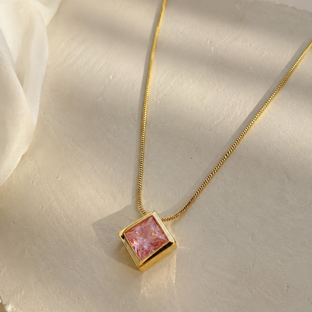 Pink Gem Square Necklace
